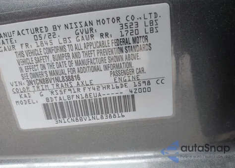 2022 Nissan Versa S 5-Speed Manual Transmission from USA, damaged, VIN 3N1CN8BV1NL838816
